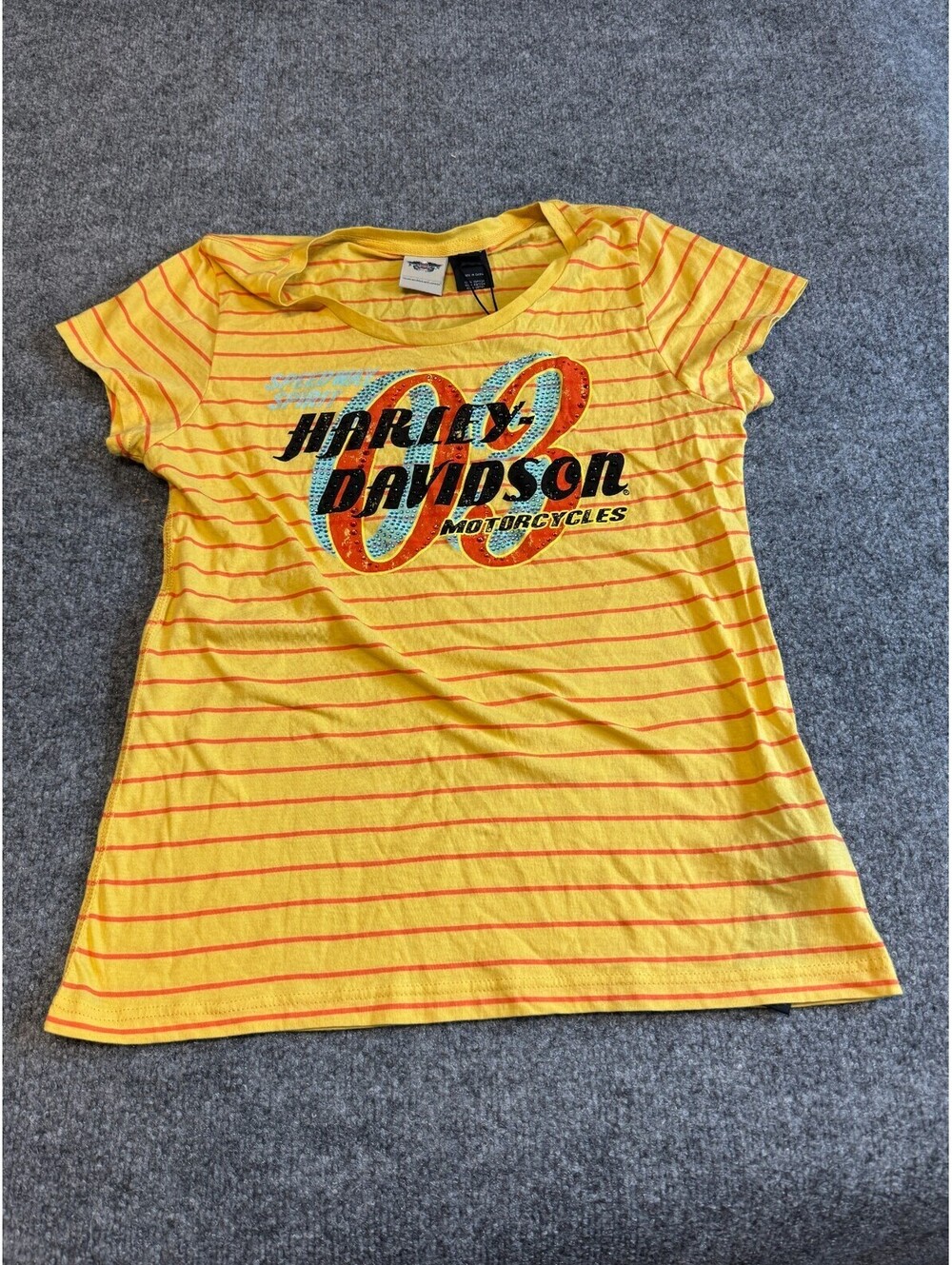 Harley Davidson T-Shirt Women's Large Yellow Striped Speedway Spirit Beaded Tee